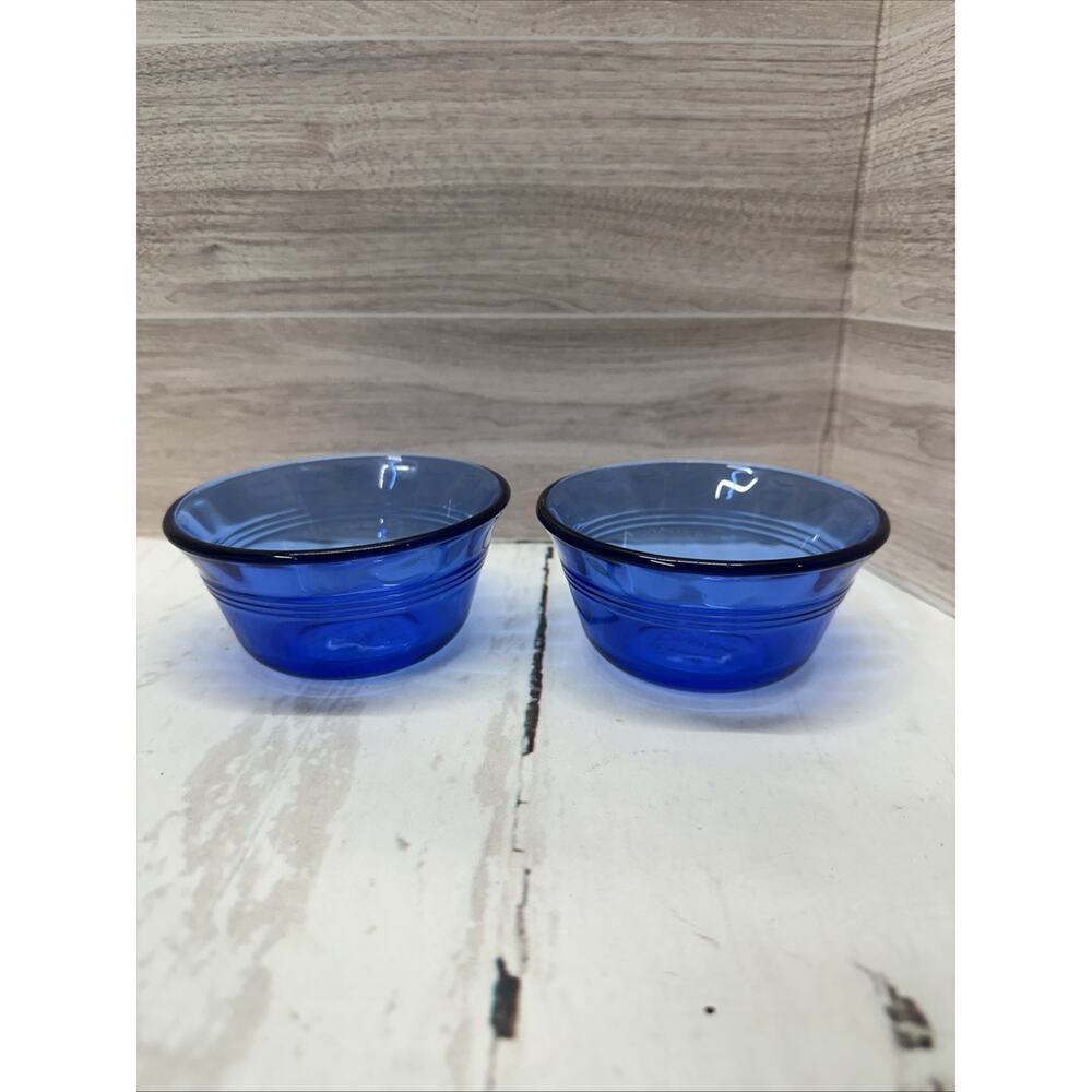 PYREX 463 175ml Cobalt Blue Custard Dishes Cups 3-Ring Design 6 OZ Lot Of 2